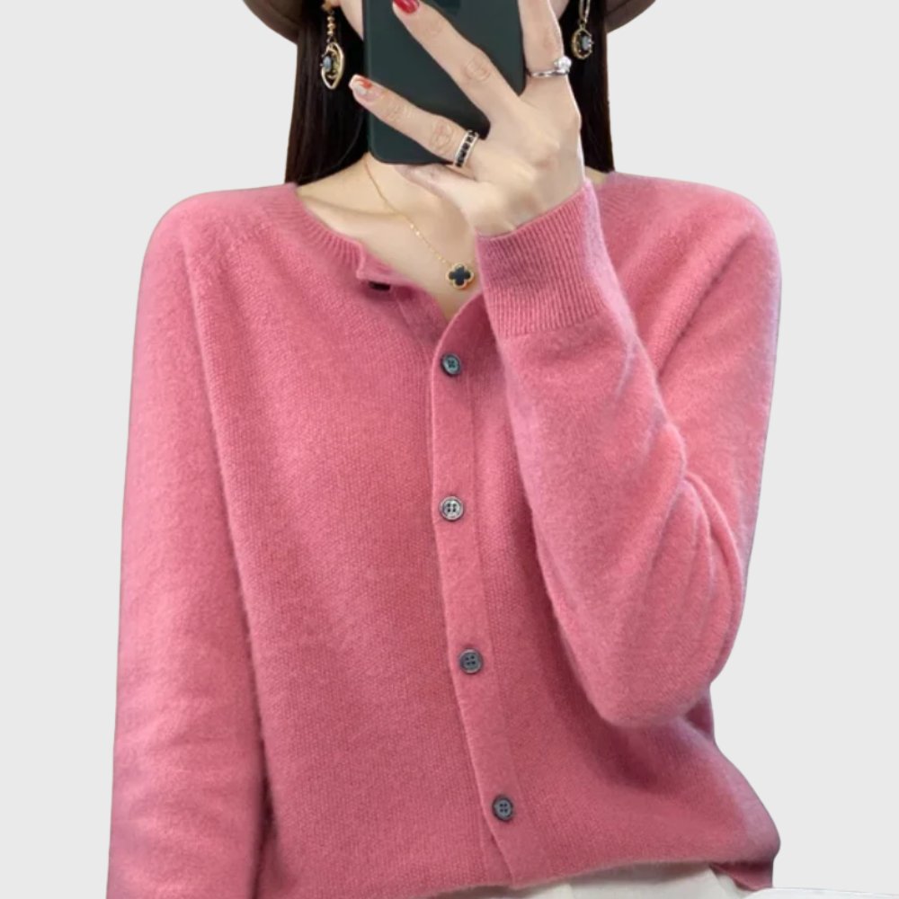 Comfortable women's round neck cardigan with a button front, ideal for versatile everyday layering.