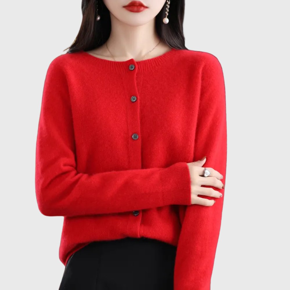 Women's office casual long sleeve cardigan, featuring a round neck, button front, and relaxed fit.