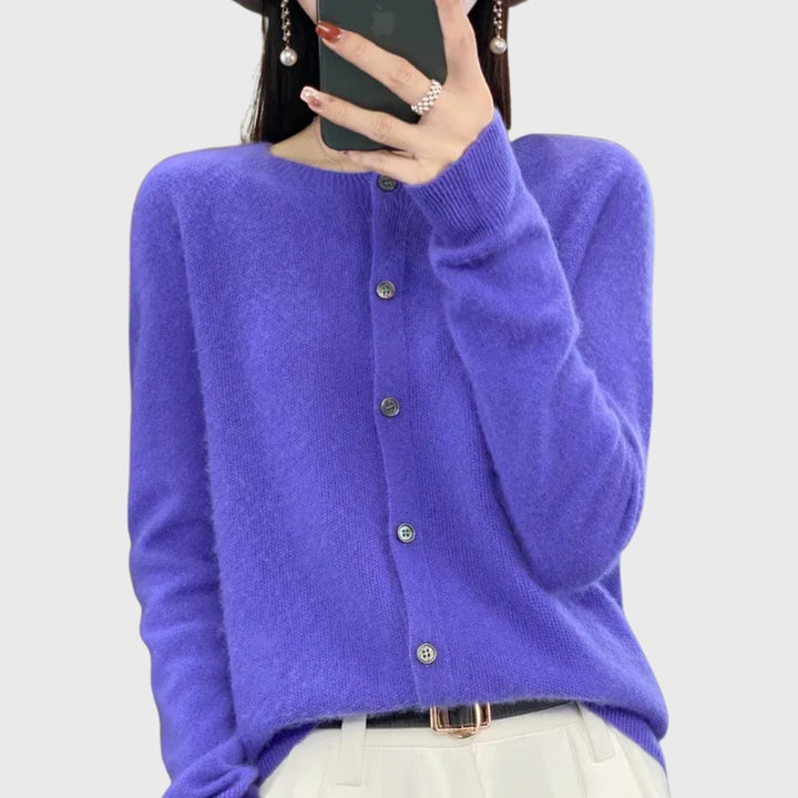 Elegant women's button-front round neck cardigan for chic comfort and versatile everyday styling.