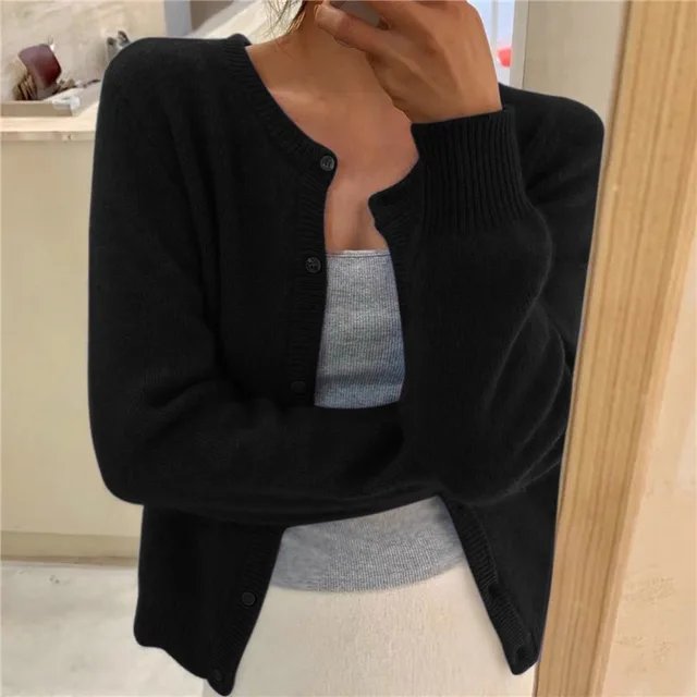 Relaxed fit women's cropped cardigan with classic button-front & round neck, perfect for casual layering.