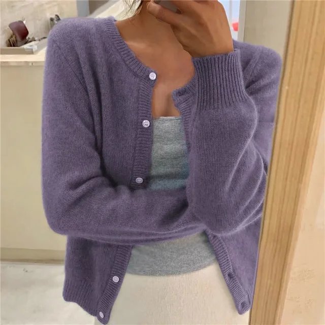 Soft women's round neck button-front cardigan, a cozy layering piece for casual and everyday wear.