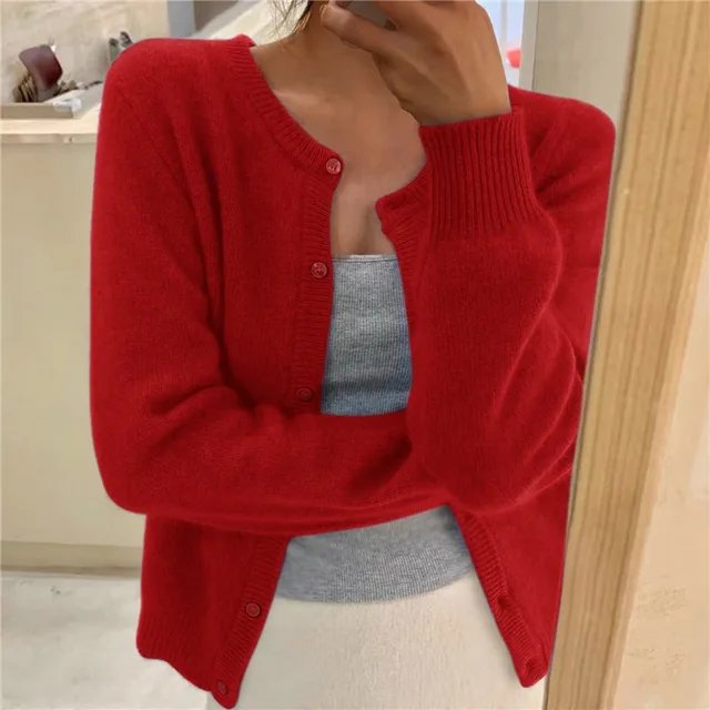 Lightweight women's round neck cardigan, a comfortable button-front layering piece for year-round style.