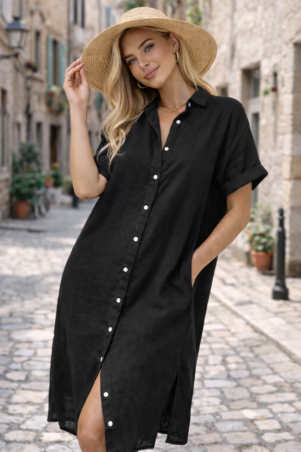 Stylish women's summer shirt dress, featuring a button front design. Ideal for a relaxed day or beach outing.