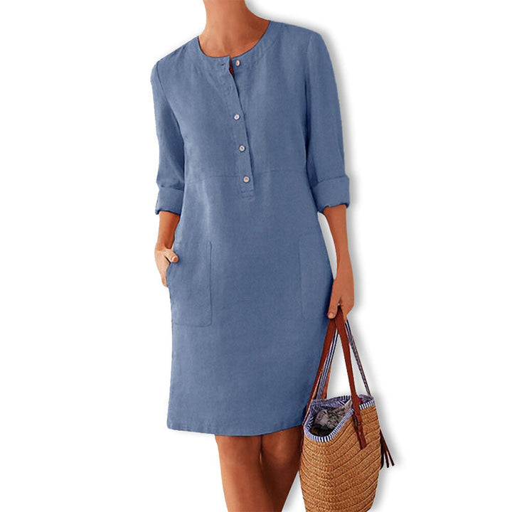 Women's button front summer dress in a relaxed fit, perfect for warm weather and everyday casual style.