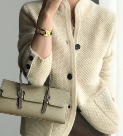 Cozy women's textured knit cardigan with button front, ideal for layering in fall & winter fashion.