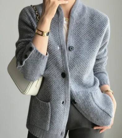 Stylish women's long sleeve button front cardigan, a versatile textured sweater for fall & winter outfits.