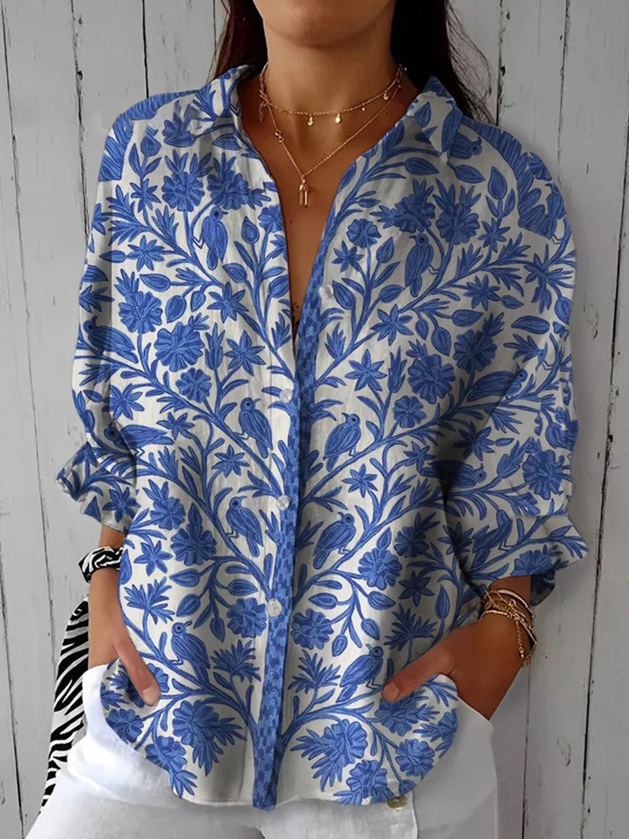 Women's casual botanical blouse with chic floral print, perfect for spring/summer elegant & relaxed wear.