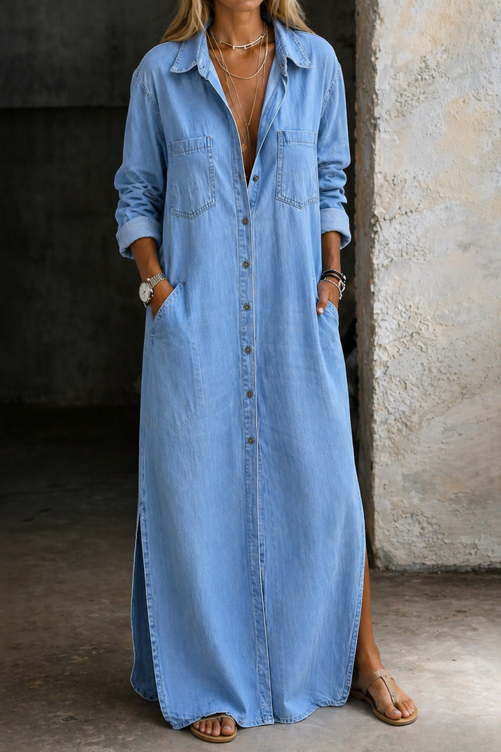 Women's casual button down maxi dress, relaxed fit, long sleeve, perfect for everyday wear.