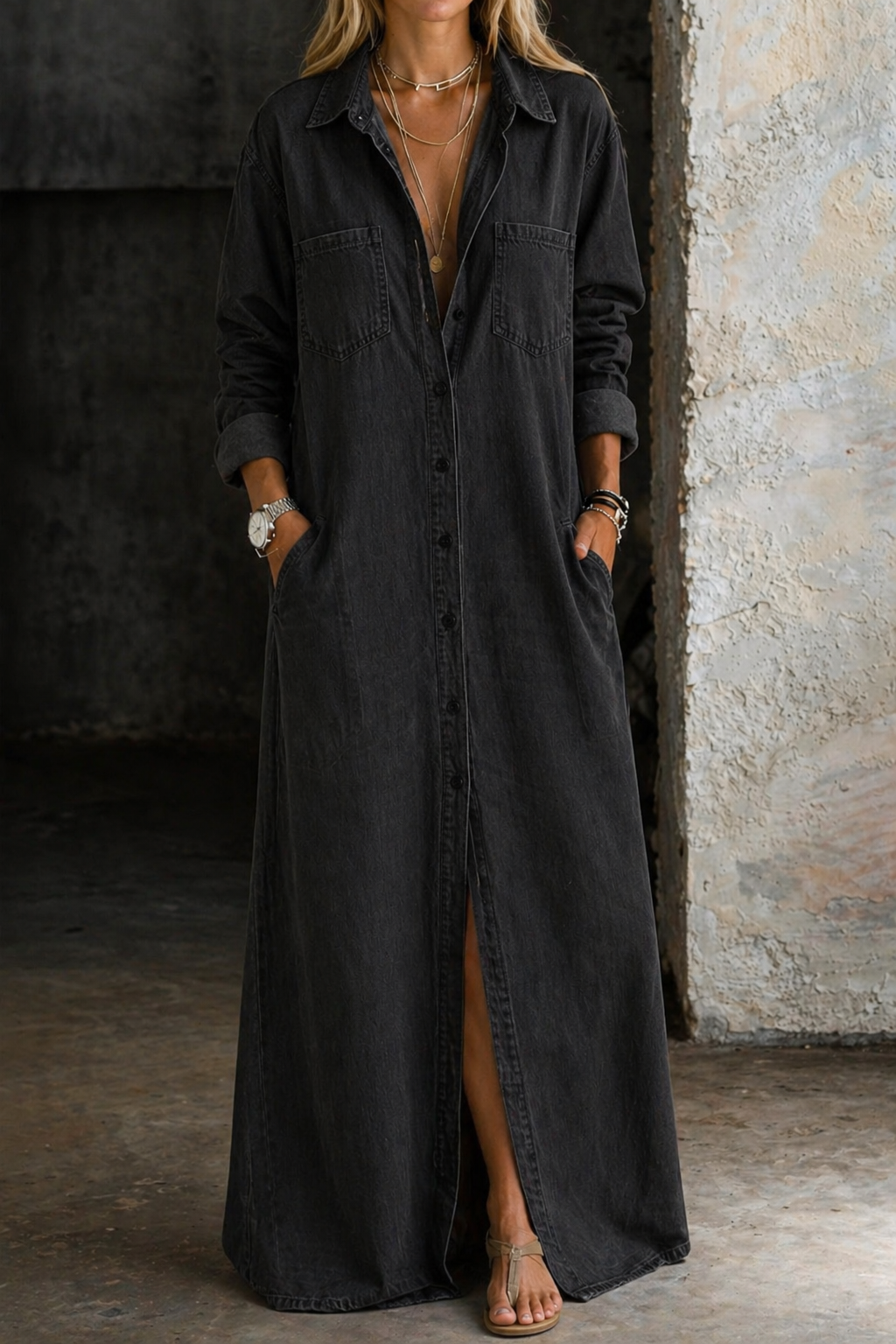 Versatile women's button down maxi dress, relaxed fit, long sleeve, ideal for casual and everyday fashion.