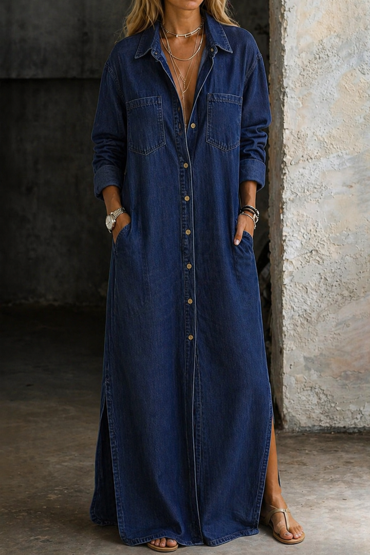 Chic women's button down maxi dress, long sleeve, relaxed fit, available in blue, black, or navy for casual fashion.