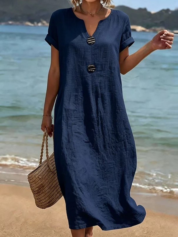 Versatile women's casual maxi dress with buttons, great for beach, resort, or comfortable summer everyday style.