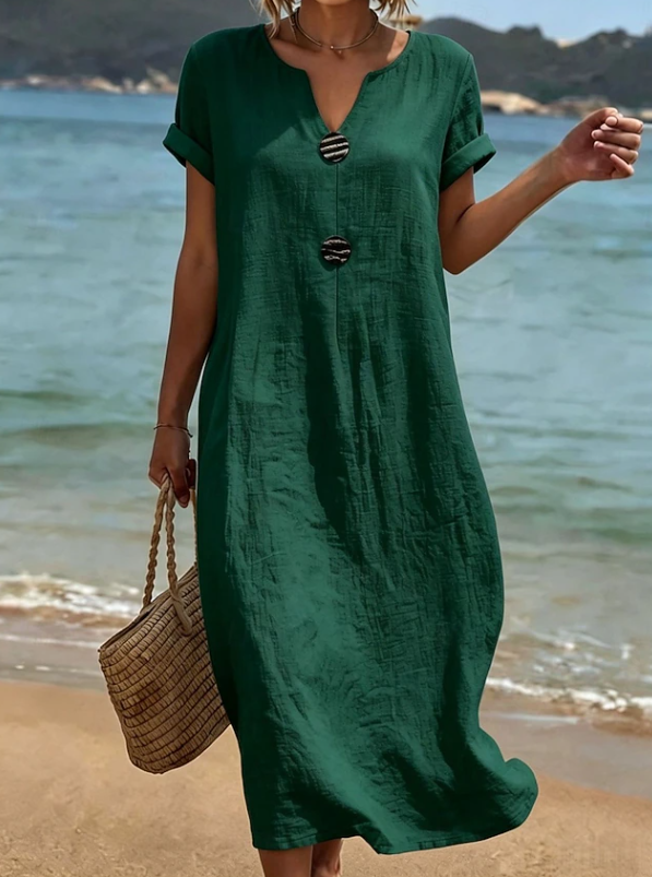 Lightweight women's button beach maxi dress for comfortable, flowing summer style & vacation outfits.