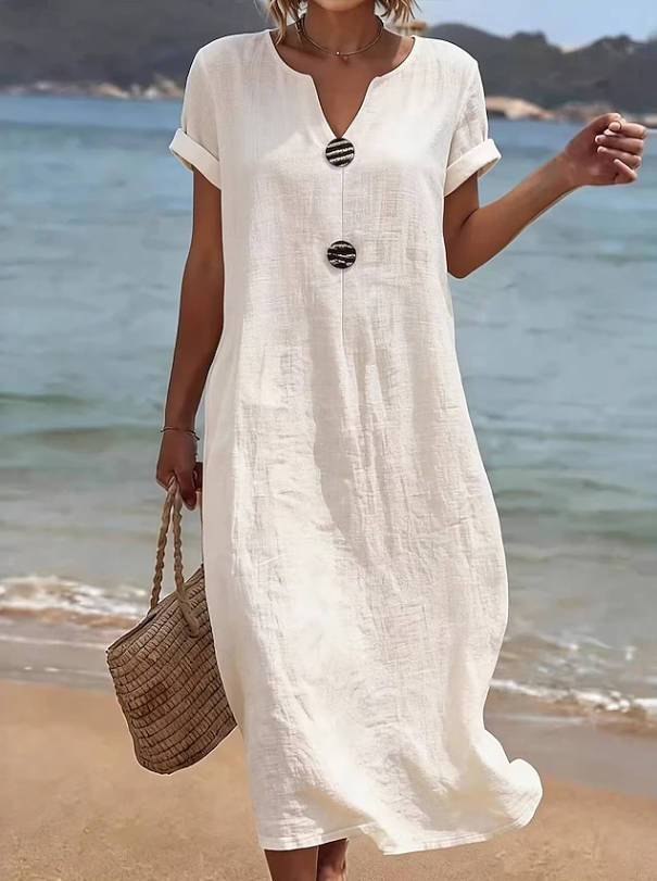 Effortless women's casual button beach maxi dress, ideal for summer fashion, resort wear & vacation comfort.