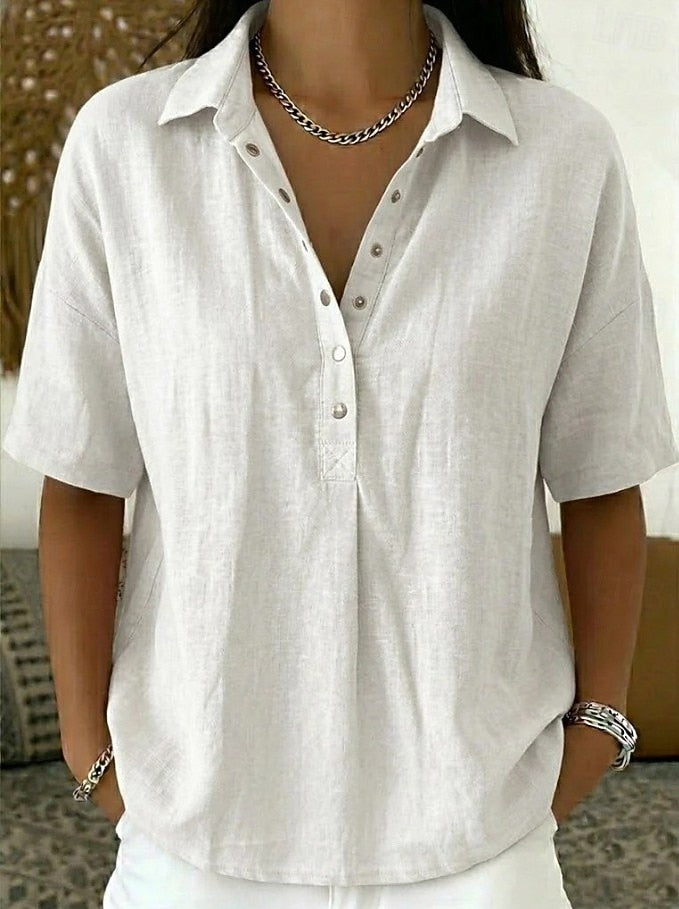 Fashionable women's casual button-up shirt, a relaxed collar top for everyday versatility.