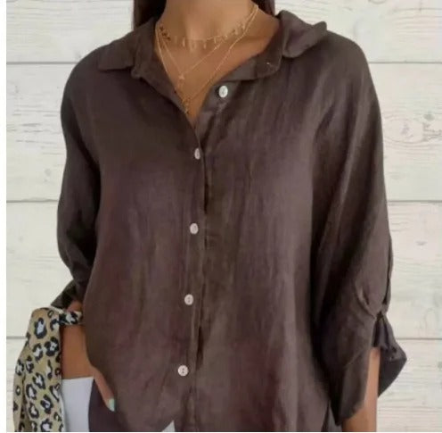 Women's versatile casual button-up shirt, long roll-up sleeves, comfortable for everyday wear.