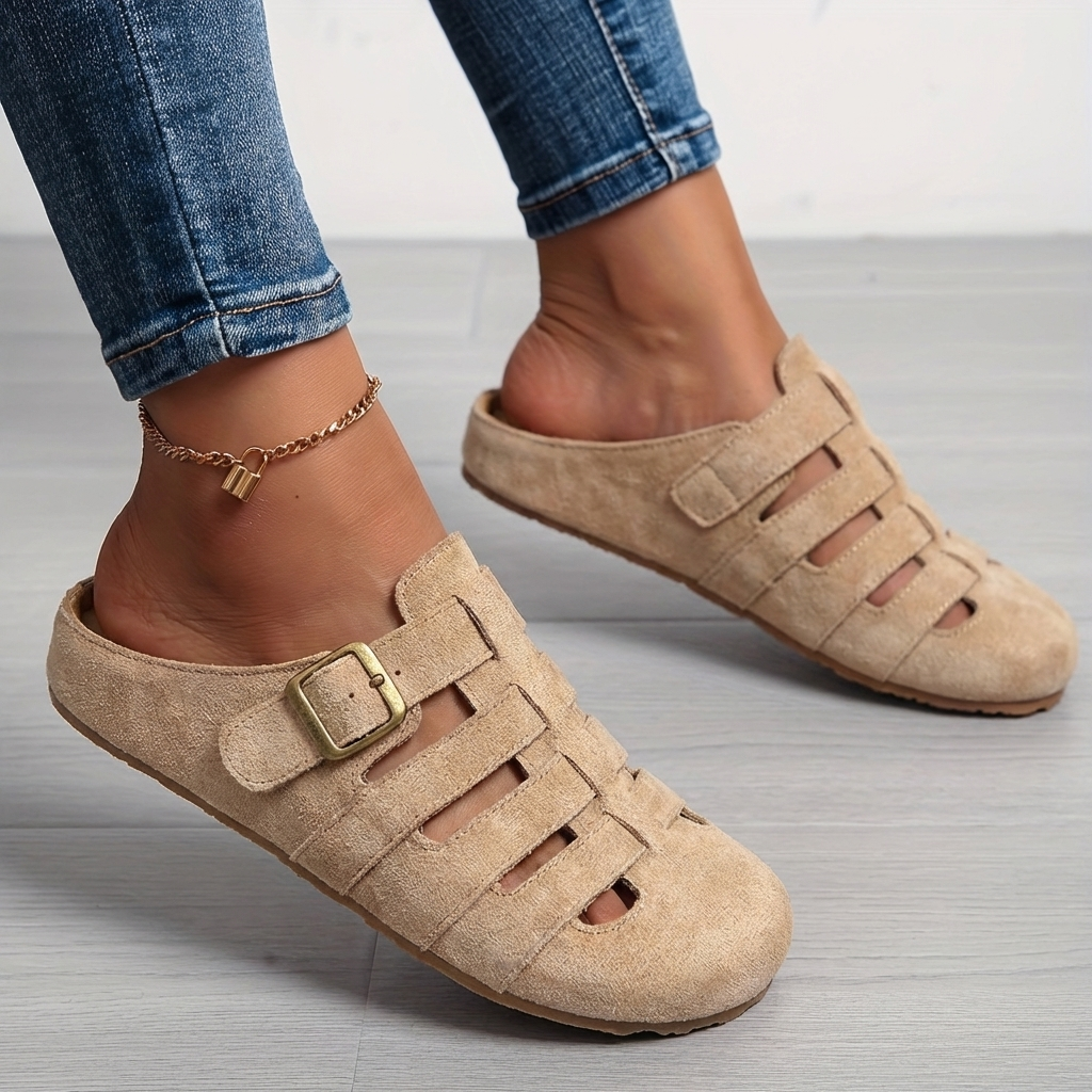 Stylish women's comfort slip-on mules, versatile open-toe sandals for casual summer outfits.
