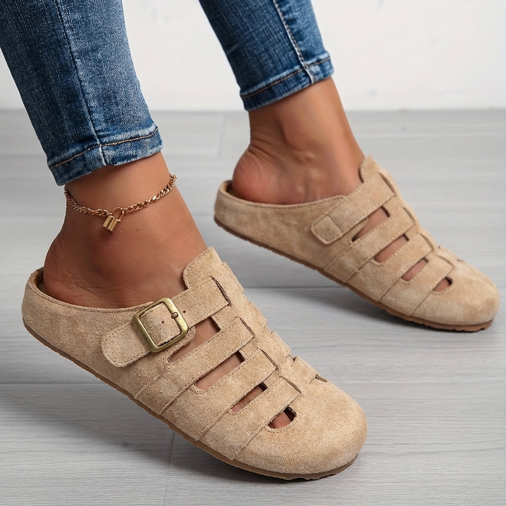 Stylish women's comfort slip-on mules, versatile open-toe sandals for casual summer outfits.