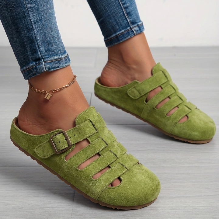 Women's adjustable open-toe mule sandals, providing casual comfort and versatile slip-on style for summer.