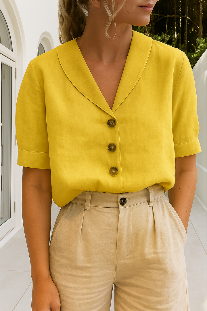 Ladies' casual chic shirt with unique envelope neck & refined button details, made from comfortable cotton linen.