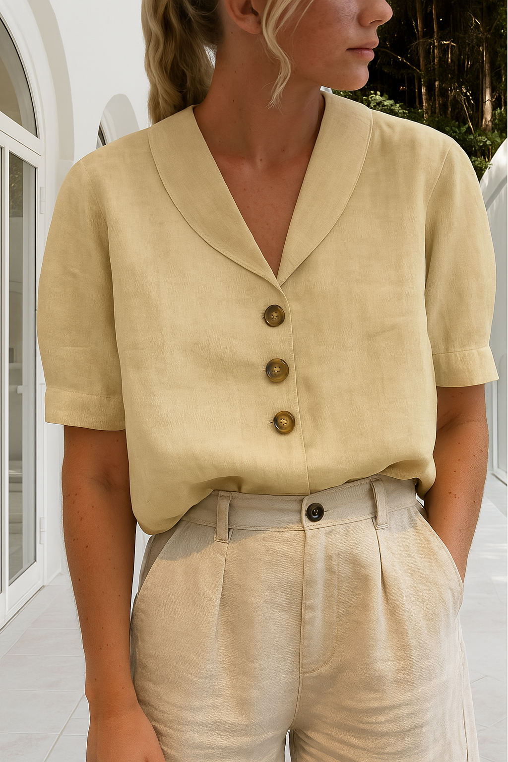 Stylish women's casual shirt in cotton linen blend, featuring refined details for an elegant & comfortable look.