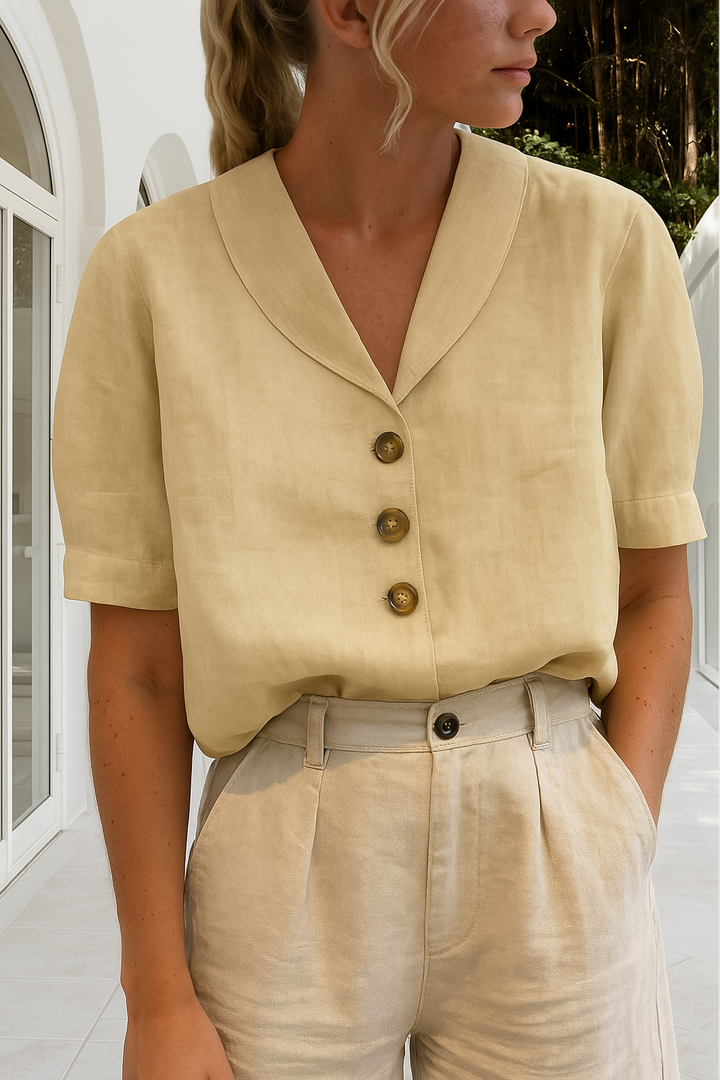 Stylish women's casual shirt in cotton linen blend, featuring refined details for an elegant & comfortable look.