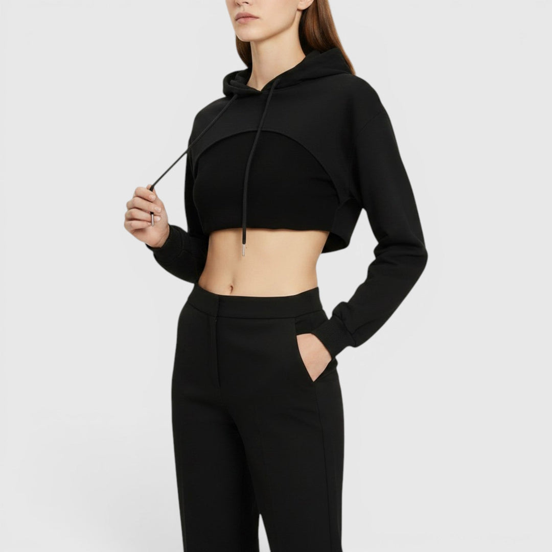 Women's casual pullover cropped hooded sweatshirt, comfortable fit for modern everyday wear.