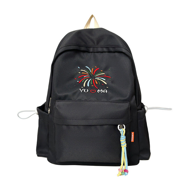 Stylish women's casual backpack featuring unique floral embroidery and a convenient drawstring for daily use.