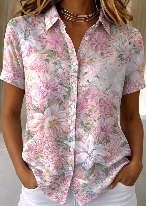 Women's casual floral button-up short-sleeve shirt. Perfect for summer everyday wear.