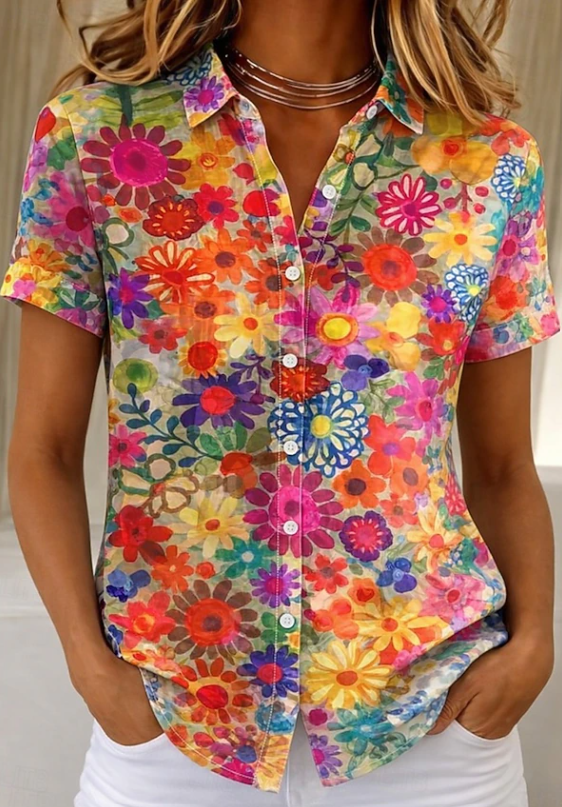 Comfortable women's short-sleeve button-up floral top for versatile everyday style.