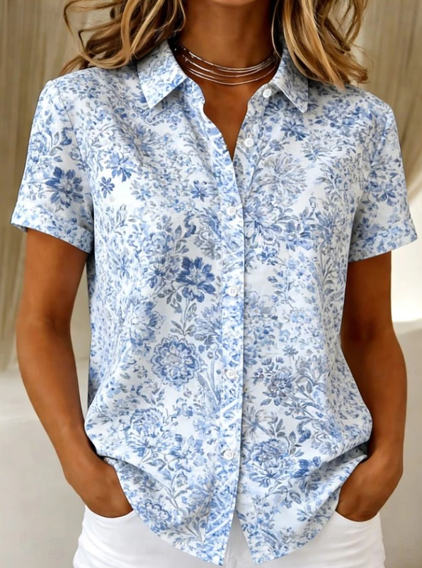 Versatile women's short-sleeve floral button-up shirt, great for comfortable casual wear and summer fashion.