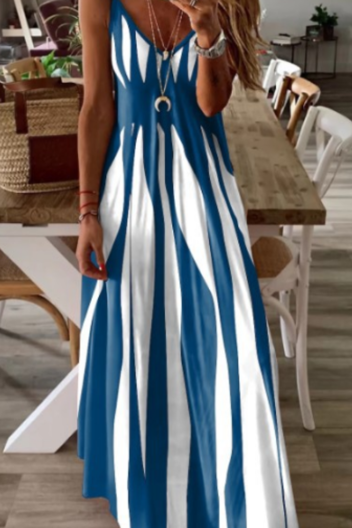 Elegant women's sleeveless V-neck midi dress in a flowy style, suitable for casual spring and summer outings.