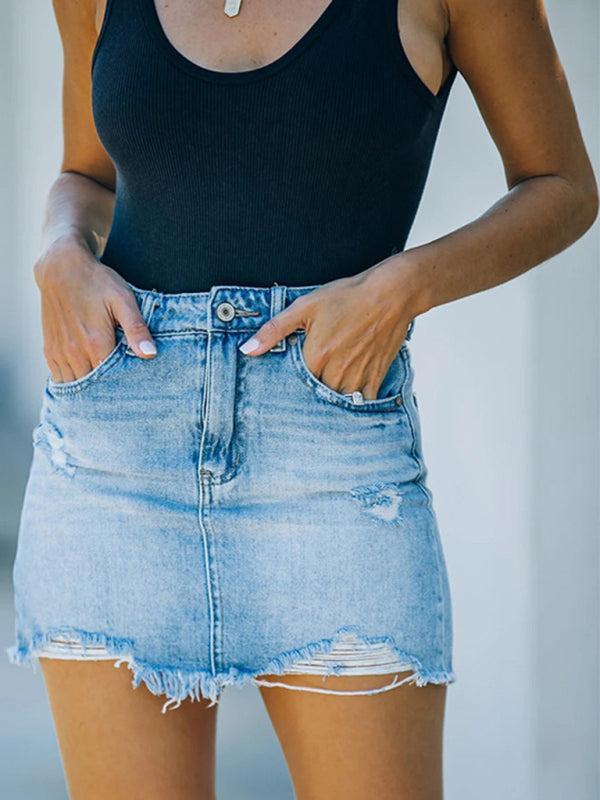 Women's casual frayed denim mini skirt with a stylish frayed hem, perfect for trendy summer fashion and everyday wear.