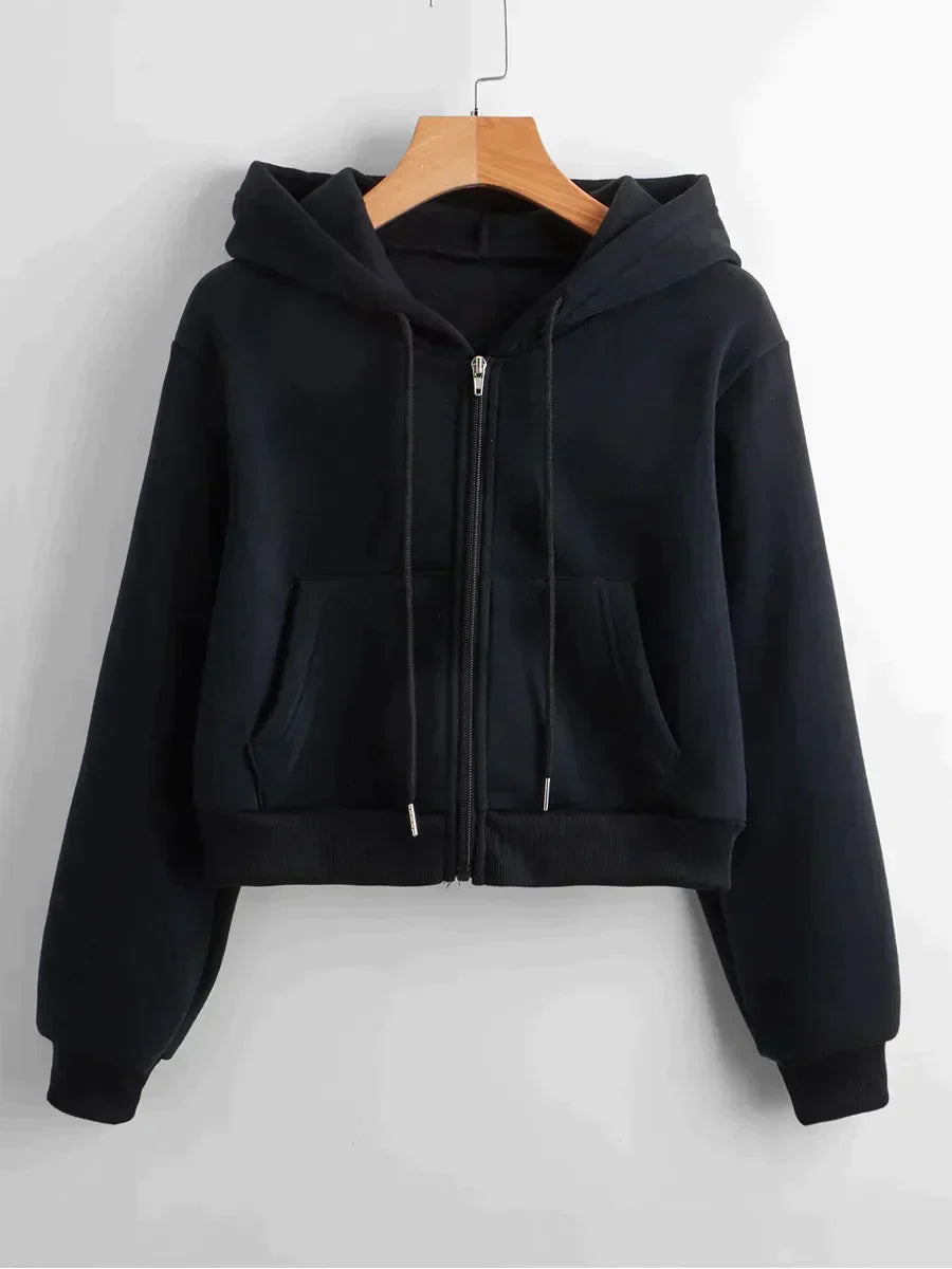 Stylish women's short hoodie, ideal for comfortable everyday wear and casual outfits.