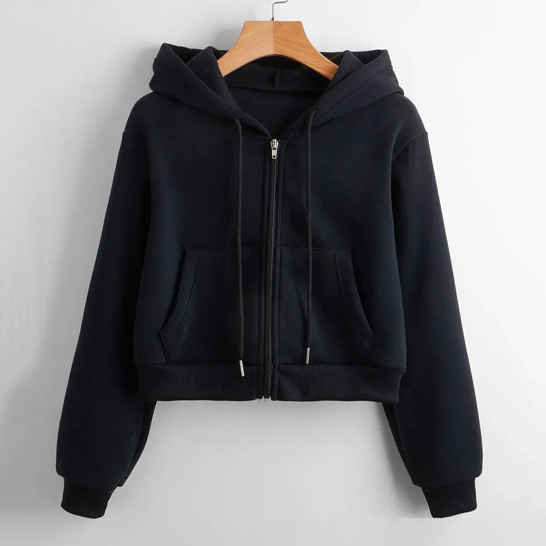 Trendy women's hooded crop top, a versatile piece for modern casual fashion.