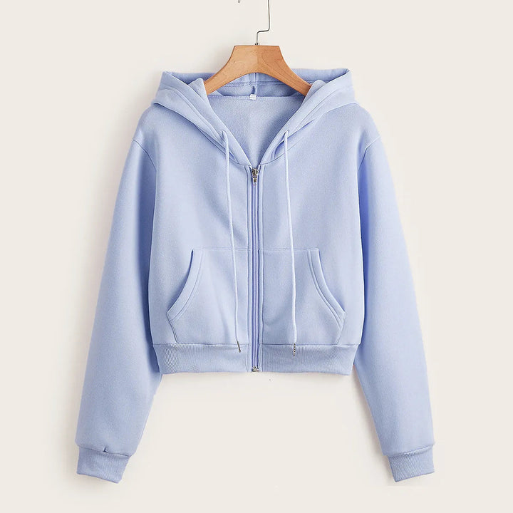 Fashionable women's crop top hoodie, great for a chic, casual everyday look.
