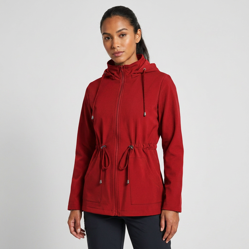 Women's casual hooded jacket with drawstring waist & zip-up front, ideal lightweight transitional outerwear.