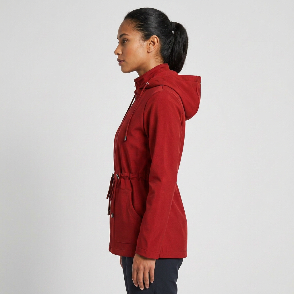 Stylish women's zip-up hooded jacket for casual everyday wear. Features a comfortable drawstring waist.