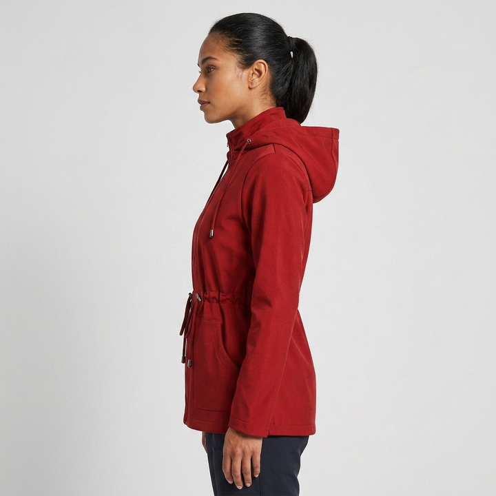 Stylish women's zip-up hooded jacket for casual everyday wear. Features a comfortable drawstring waist.