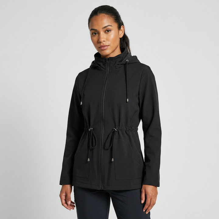 Lightweight women's fall hooded jacket, perfect for travel & transitional weather. Adjustable drawstring waist.