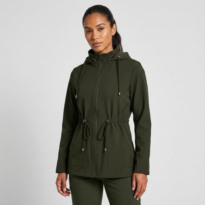 Everyday women's hooded jacket with a full zip and drawstring waist. Lightweight, perfect for casual style.