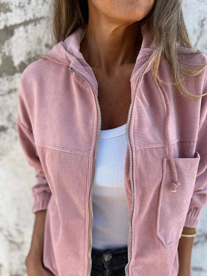 Stylish women's hooded outerwear, a versatile zipper jacket for winter, fall, and daily use.