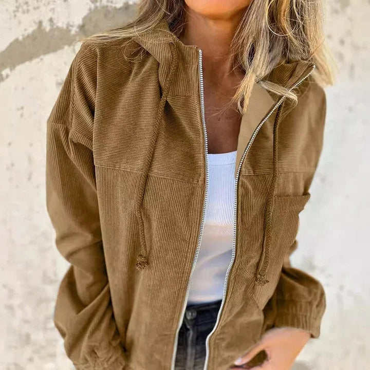 Relaxed fit women's hooded zip jacket in a soft heather grey, great for comfortable outerwear & casual style.