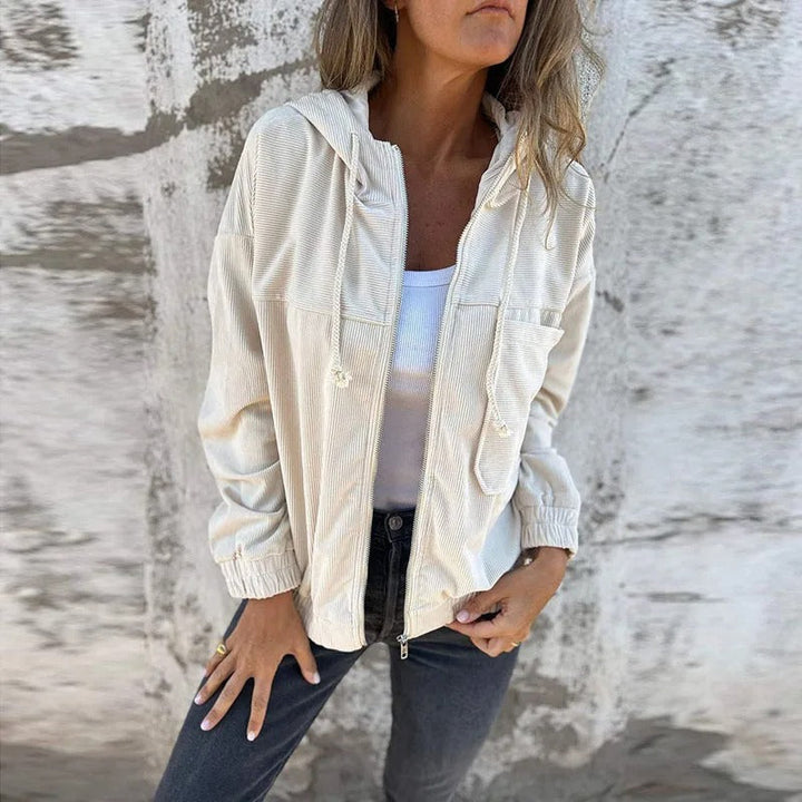 Soft, breathable fabric of a women's lightweight casual hooded jacket, offering ultimate everyday comfort.