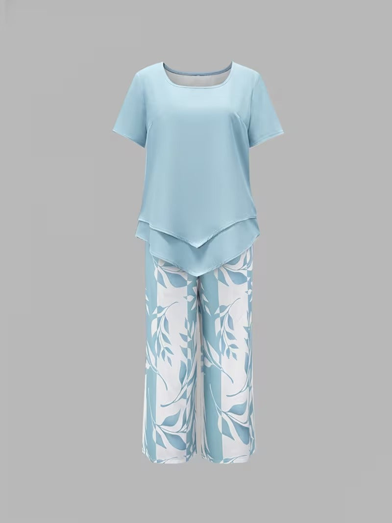 Lightweight women's leaf print matching set, great for summer fashion & vacations.