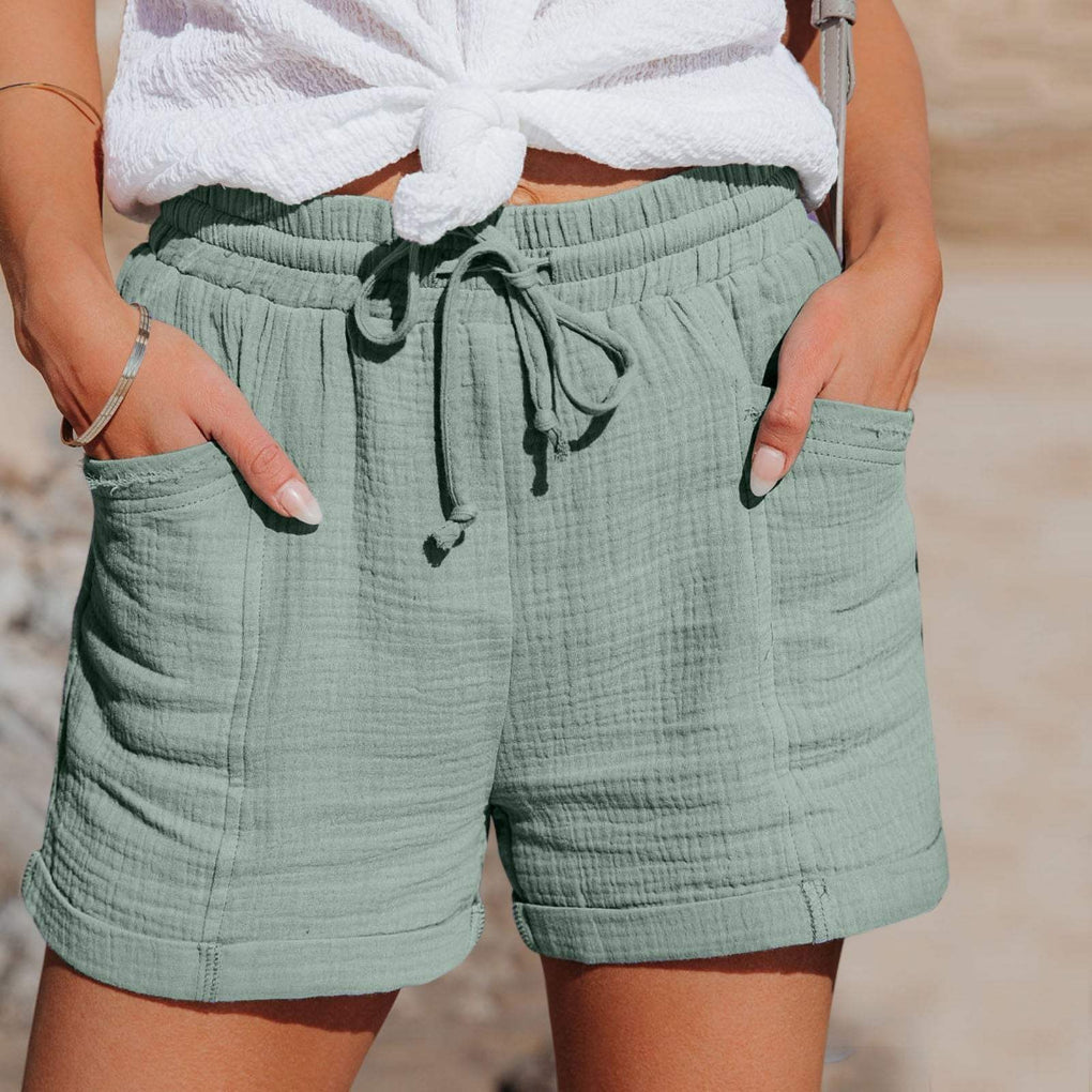 Women's casual lightweight shorts with elastic waist, drawstring, & pockets. Perfect for summer comfort & everyday wear.