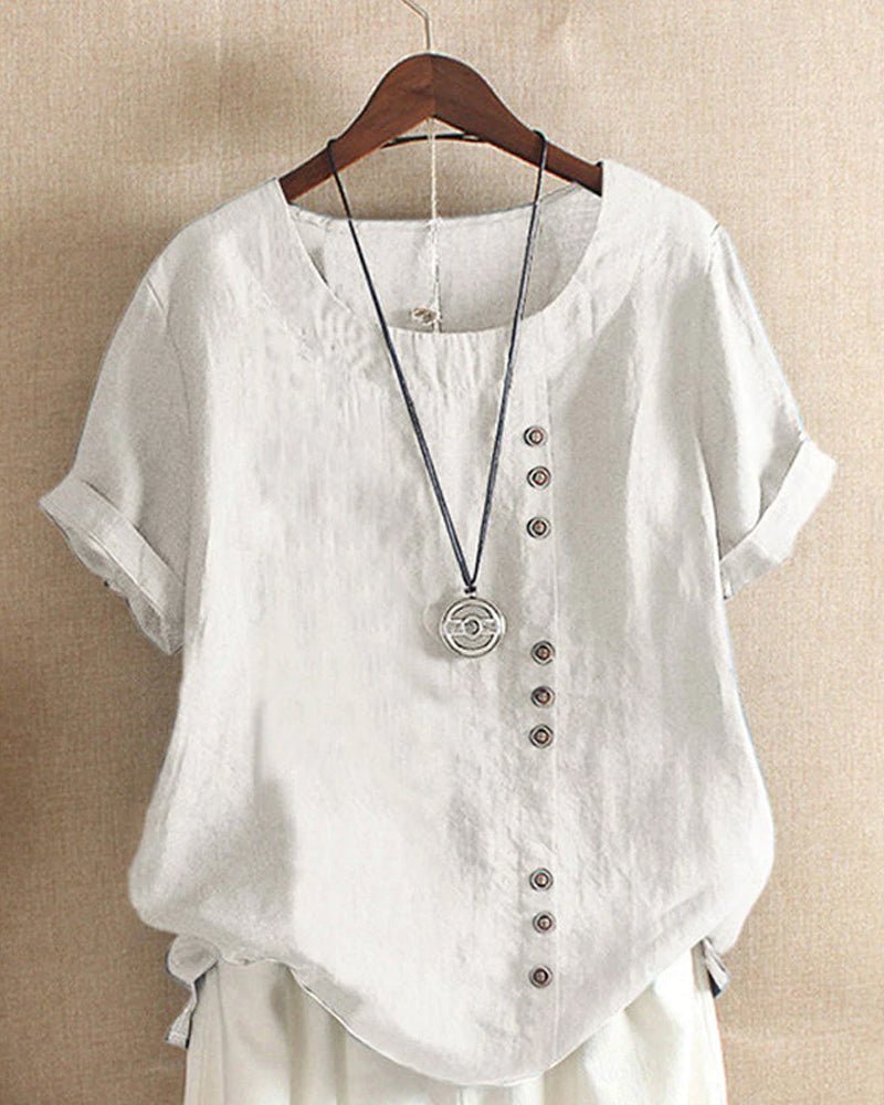 Women's casual linen tunic top with button front, short sleeves, and relaxed fit for summer comfort.