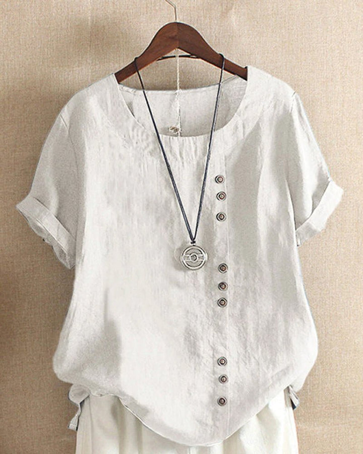 Women's casual linen tunic top with button front, short sleeves, and relaxed fit for summer comfort.