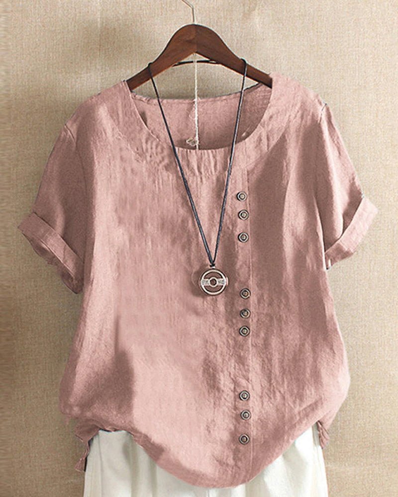 Comfortable women's short sleeve linen tunic top, button front, perfect for casual everyday wear.
