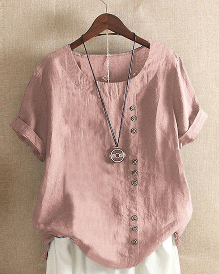 Comfortable women's short sleeve linen tunic top, button front, perfect for casual everyday wear.