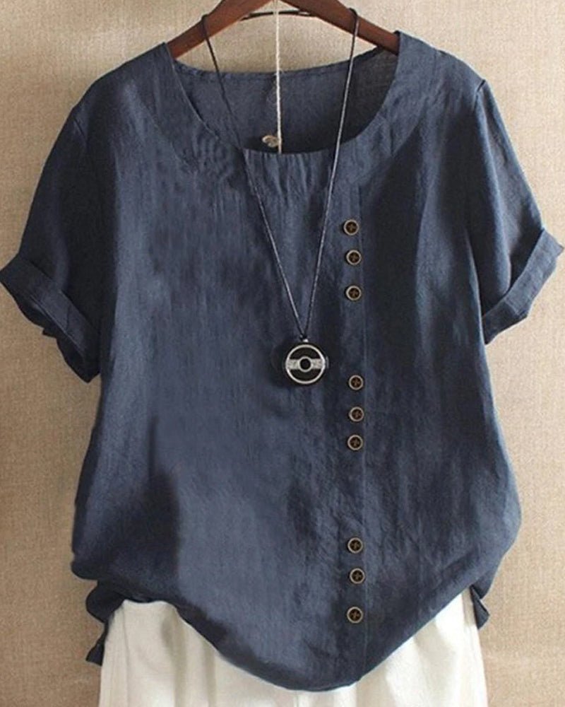 Stylish linen short sleeve tunic top for women, featuring a button front design and comfortable relaxed fit.